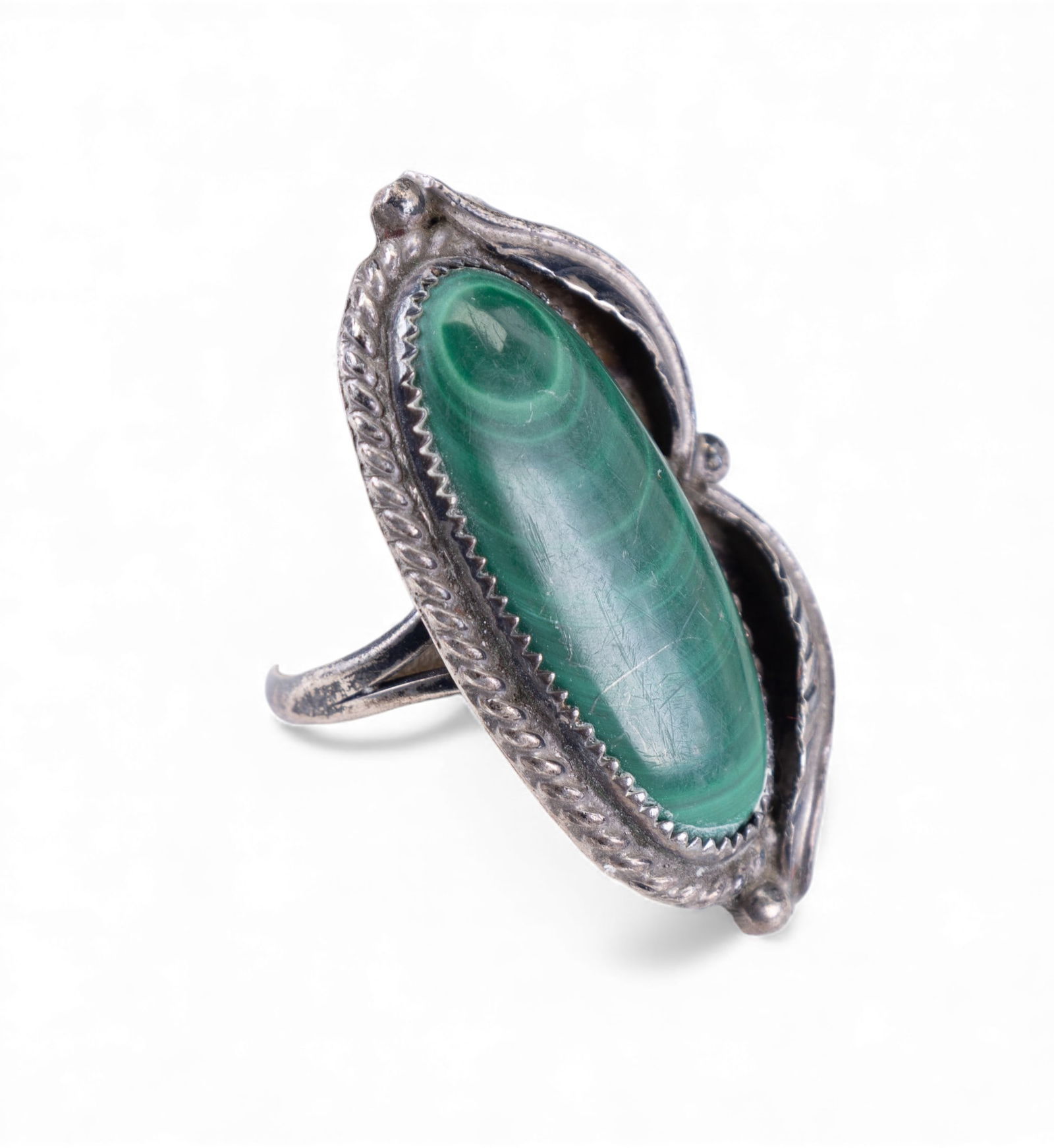 Vintage Malachite Native American Ring: Vintage silver elongated polished malachite ring, marked 925.