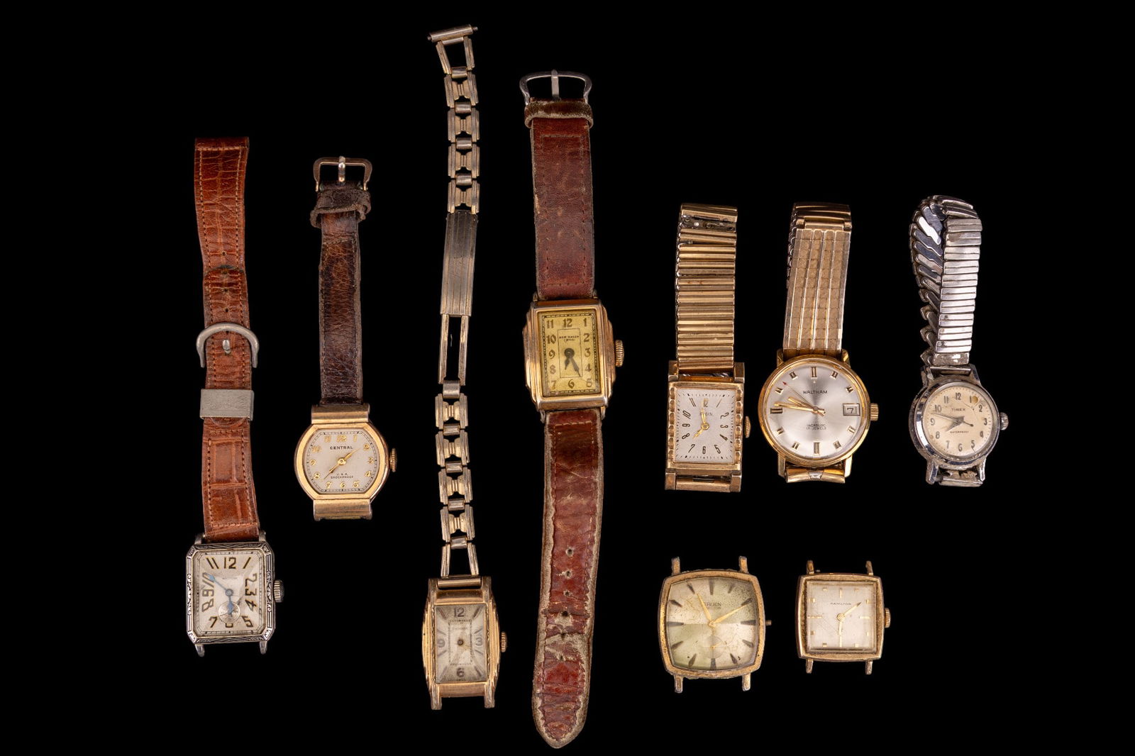 Vintage Wristwatches, Including Hamilton: Vintage Waltham, Hamilton windup, central gold filled and other gold filled wind up watches.