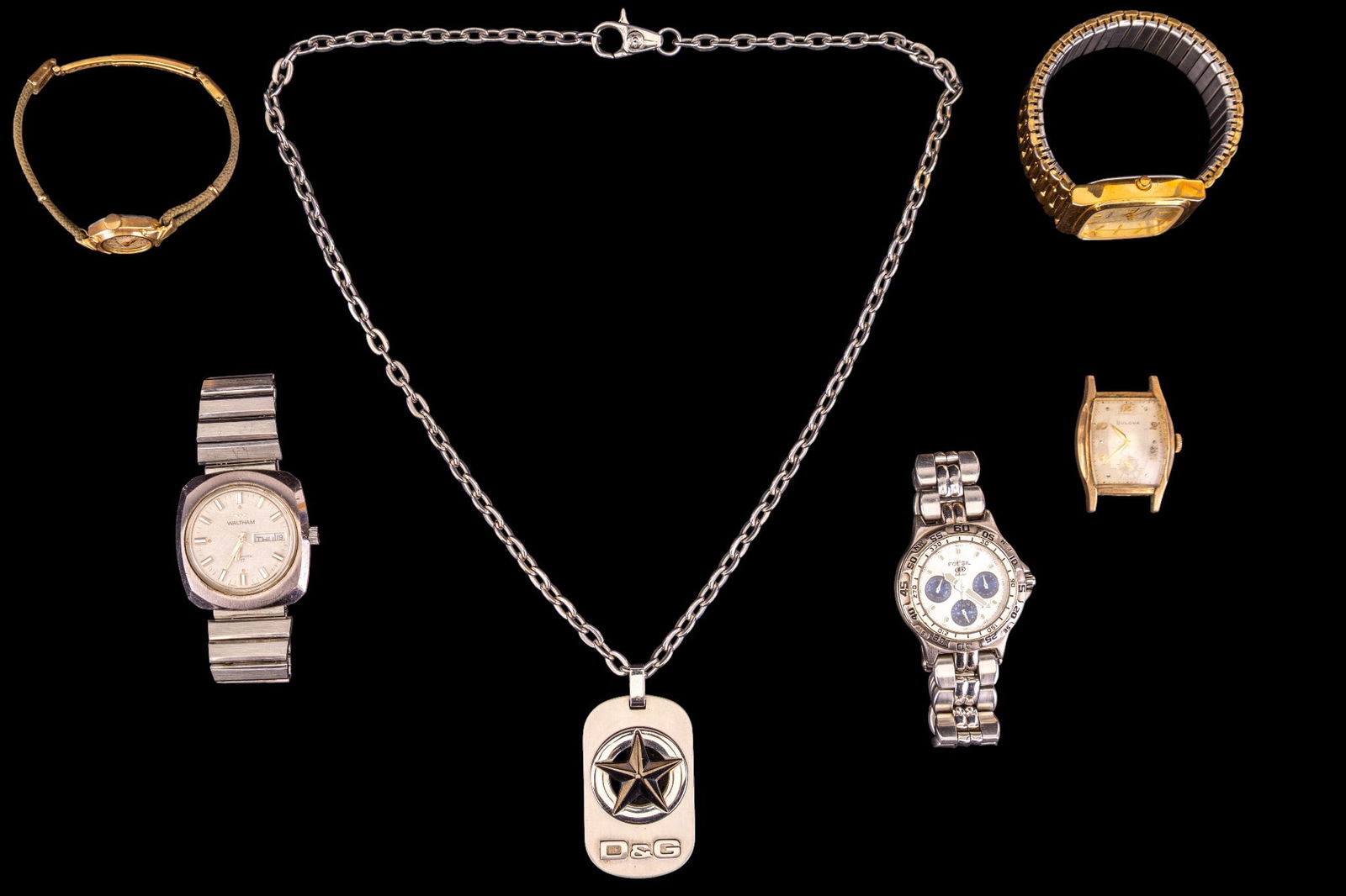Watches and Men's jewelry: Includes wind up Bulovas, women's Bulova 17 jewel 10K RGP bezel #F521651, men's Bulova L7 17 jewel, 10K RGP bezel, #B845297, circa 1970's Waltham, Fossil, Armitron and a D and G stainless dog tag styl