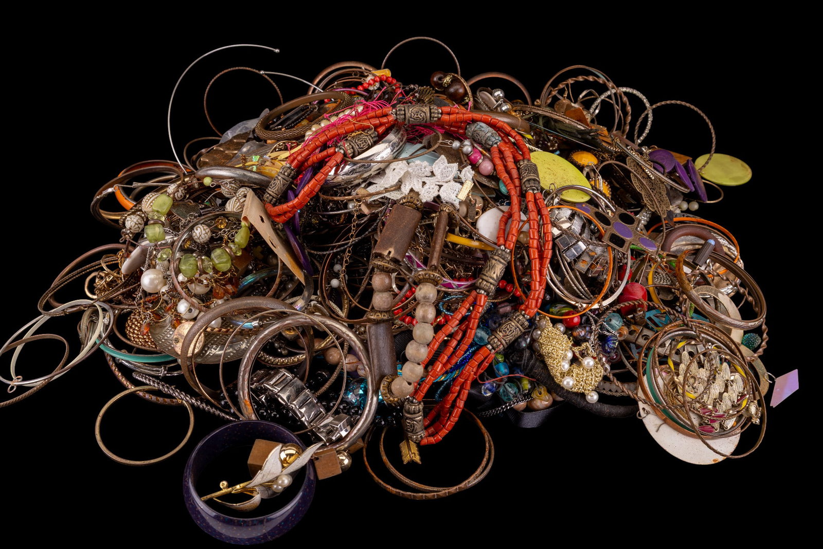 11lbs Craft Jewelry Bangles, Earrings, and More: Large assortment consisting of 11lbs of craft jewelry hoop earrings, bangle bracelets, necklaces, and more.