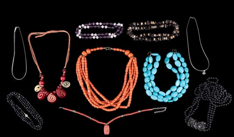 Coral, Obsidian, and Other Necklaces
