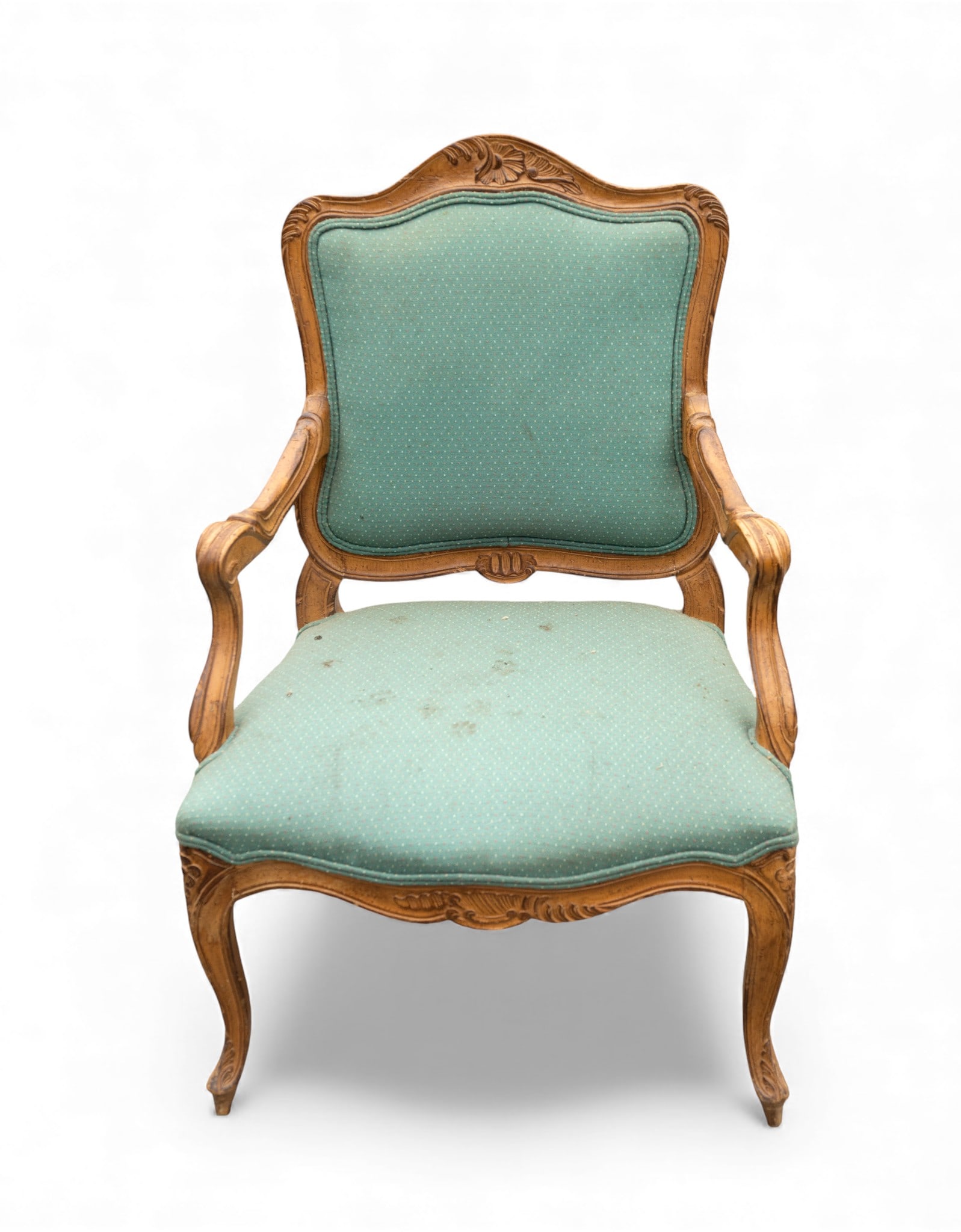 Fruitwood Carved French Arm Chair: Fruitwood carved French arm chair measuring approx. 39" H x 17" seat height x 28" W x 25" D.