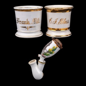 Antique Porcelain Shaving Mugs & Painted Pipe