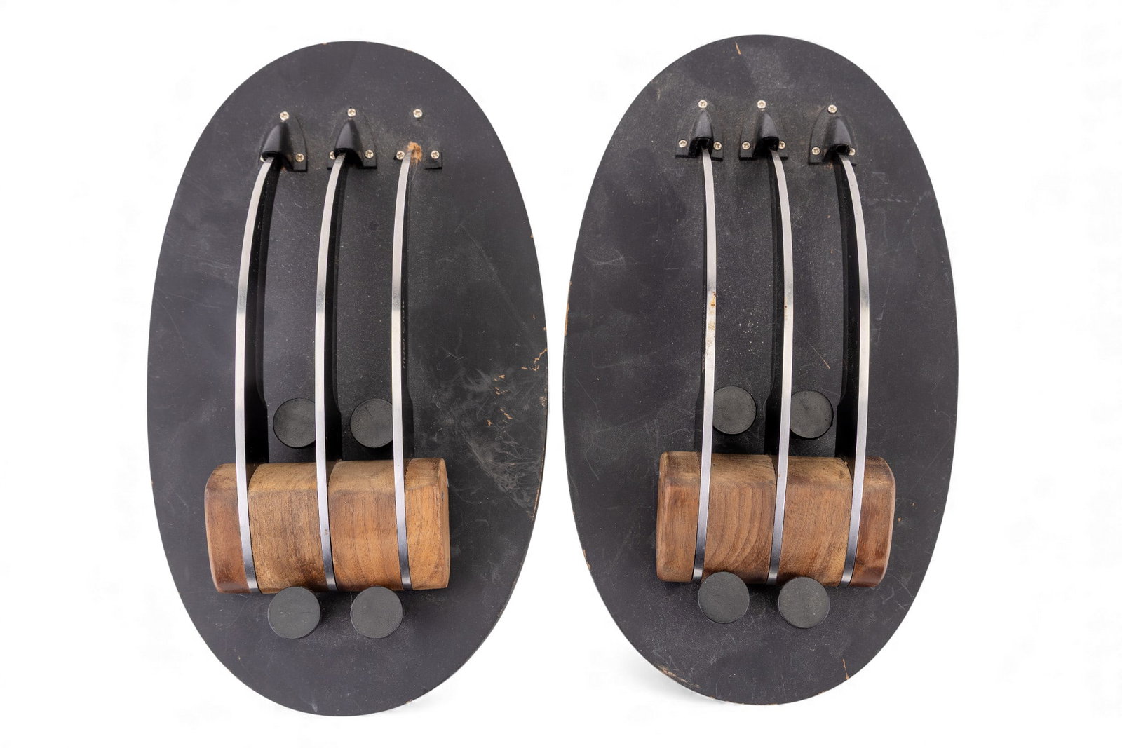 Master Cutlery "Donald Budd" Fantasy Claw Weapons: Pair of Master Cutlery fantasy claw weapons designed by Donald Budd, each featuring 3 curved stainless steel blades mounted on a black painted frame with wooden hand grip. Both pieces include oval dis