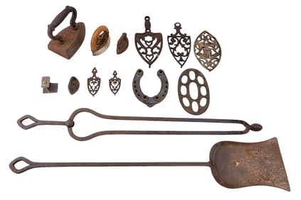 Antique Sad Iron, Trivets, Fireplace Tools