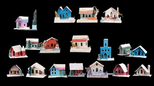 Vintage Mid-20C Putz Christmas Village Houses