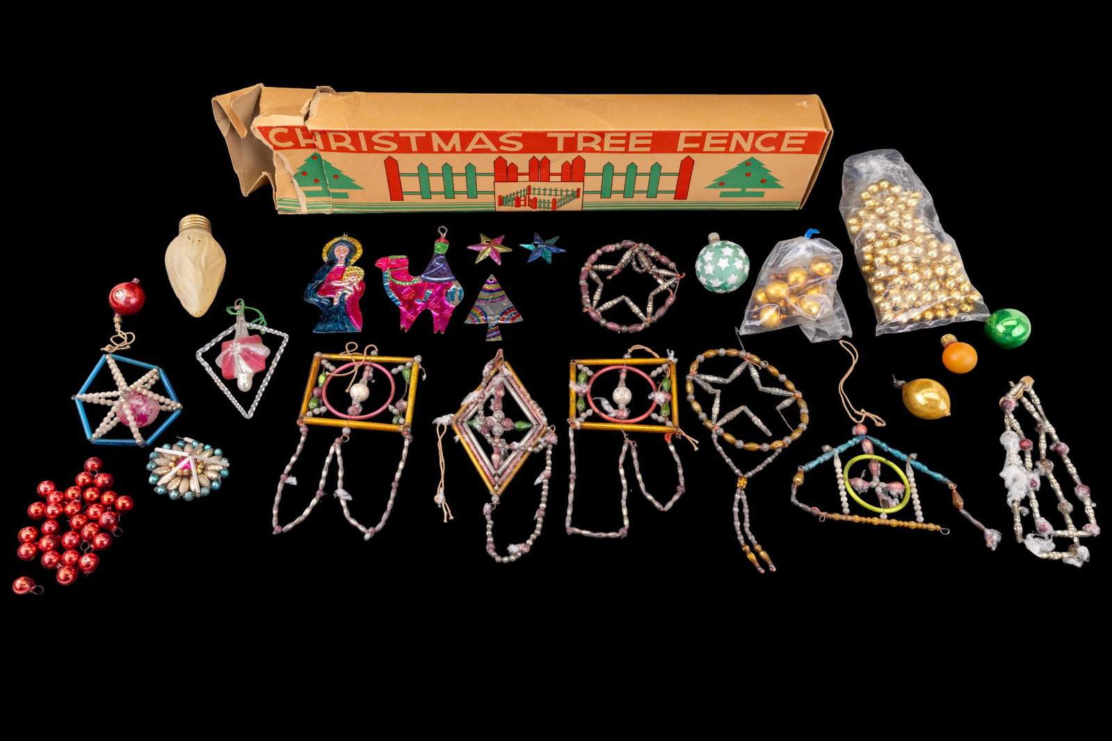 Early Christmas Ornaments: 1st half 20th century Christmas ornaments. Also included is a vintage Christmas tree fence in original box.