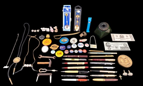 Vintage Pin Backs, Bakelite Inkwell, Ad Pens