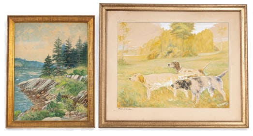 Signed Nature and Hunting Dog Framed Watercolors