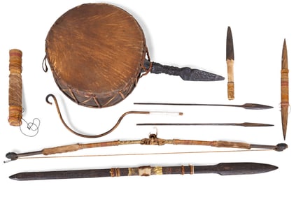 African Tribal Drum, Bow, Spear, and More