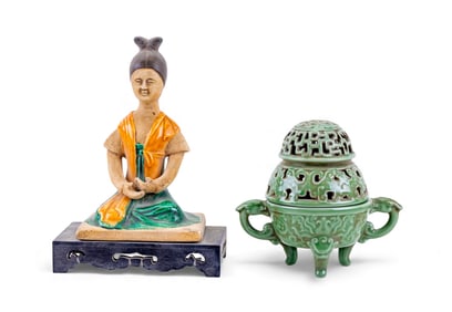 Tang Ceramic Statuette & Celadon Dragon Censer
