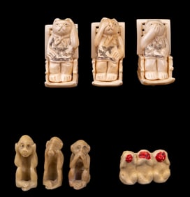 Carved Natural Material & Jade Three Wise Monkeys