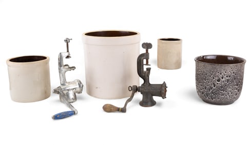 Vintage Crocks, Planter, Antique Meat Grinders