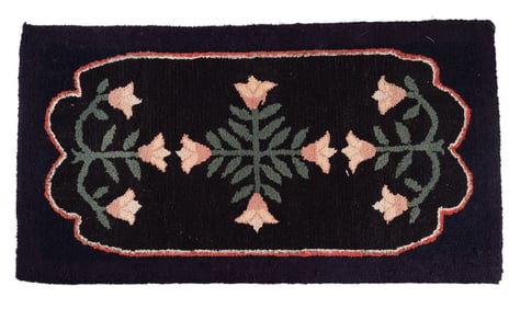 Early 20th C Floral Hook Rug, Black and Pink