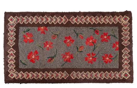Early 20th C Floral Hook Rug, Brown and Red