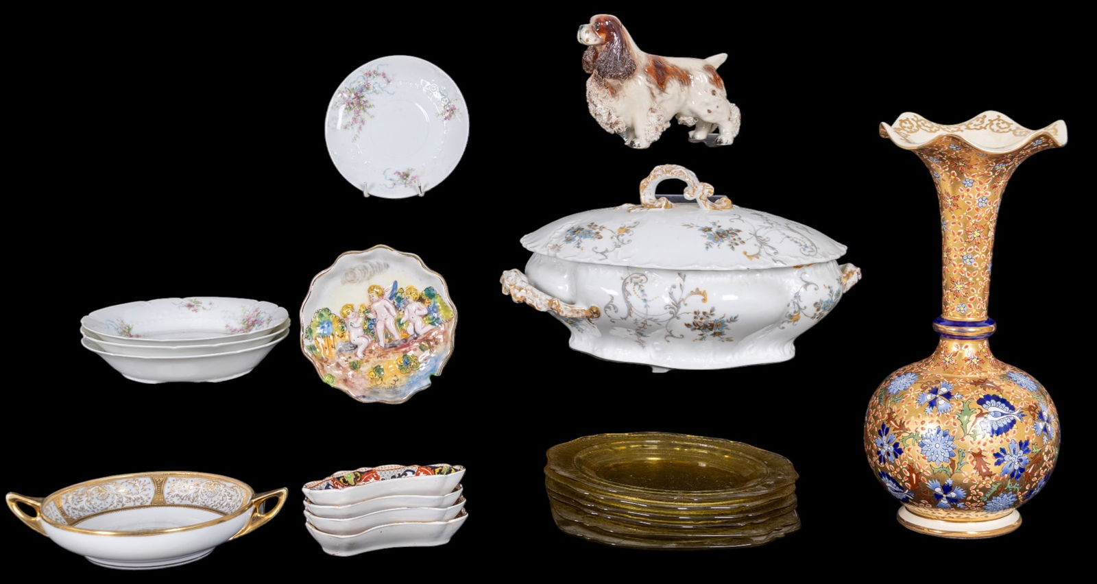 Limoges, Maddock, Fischer and Other Porcelain: An oval William Guerin & Co Limoges soup tureen with lid, no ladle, three bowls and one saucer by Haviland Limoges, six yellow depression glass salad plates, a Nippon two-handled dish, a small porcela