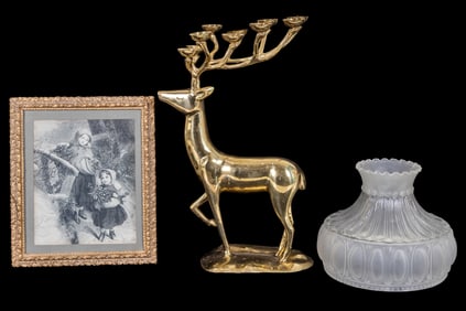 Brass Deer Candle Holder, Frosted Glass Shade