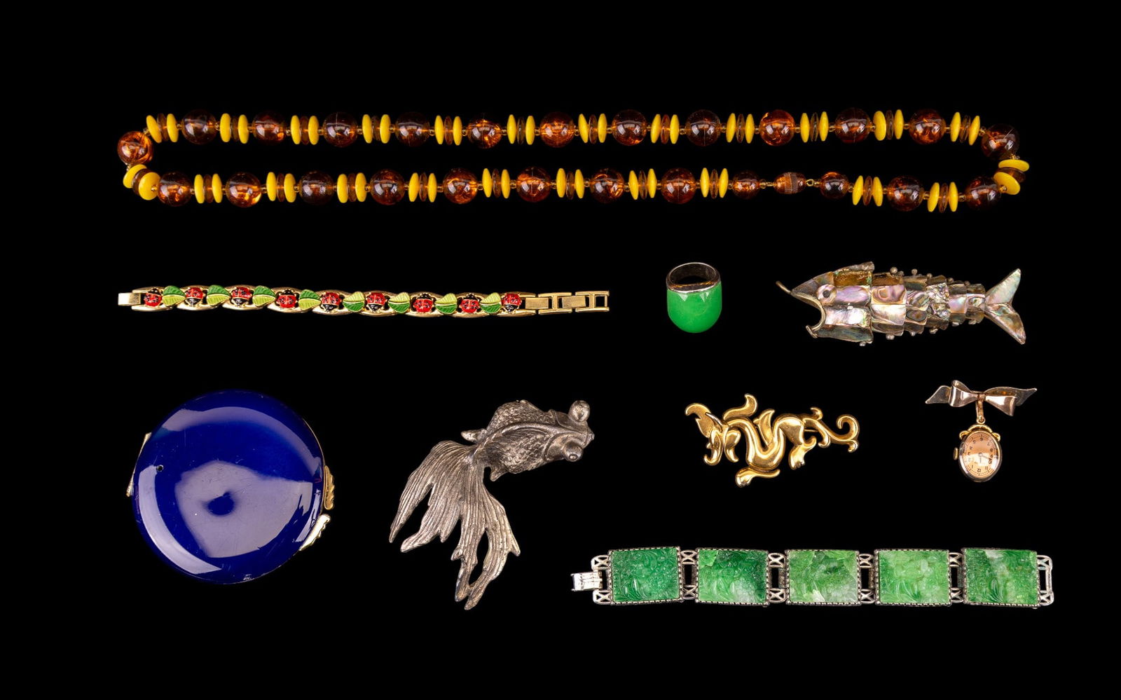 Gucci Compact, Hattie Carnegie and Vintage Jewelry: Includes a vintage blue Gucci compact, Hattie Carnegie fish pin (no pin bar), amber and jade style jewelry.