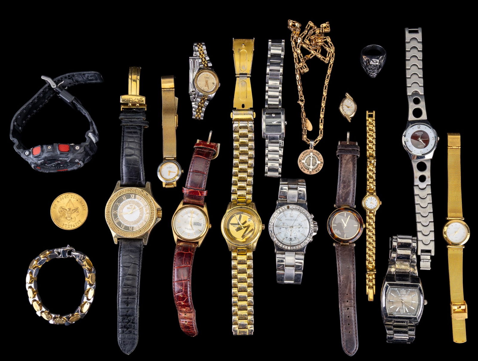 Vintage and Modern Wristwatches: Includes watches by Unlisted, Super Techno, G-Shock, two Michael Kors fashion watches, Armitron #20/1258, Roamer Swiss watch, Movado #12372446, Pulsar #052318, two Skagen #120SGG and #107SGGD, and mor