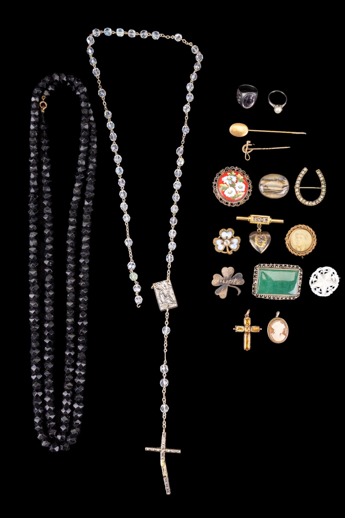 Victorian and Vintage Estate Jewelry: Long black jet necklace with gold clasp, several Cameos, stick pins, vintage crystal rosary and vintage pins