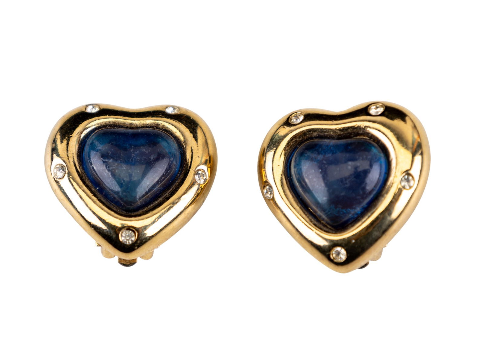 Vintage Givenchy Earrings: Gold tone heart shape earrings with large blue stone and crystal accents; signed Givenchy Paris on clip.