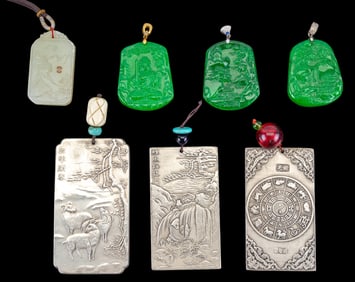 Carved Jade and Silver Tone Chinese Medallions