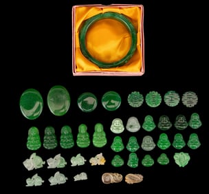 Carved Jade Bangle, Natural and Dyed Jade Charms