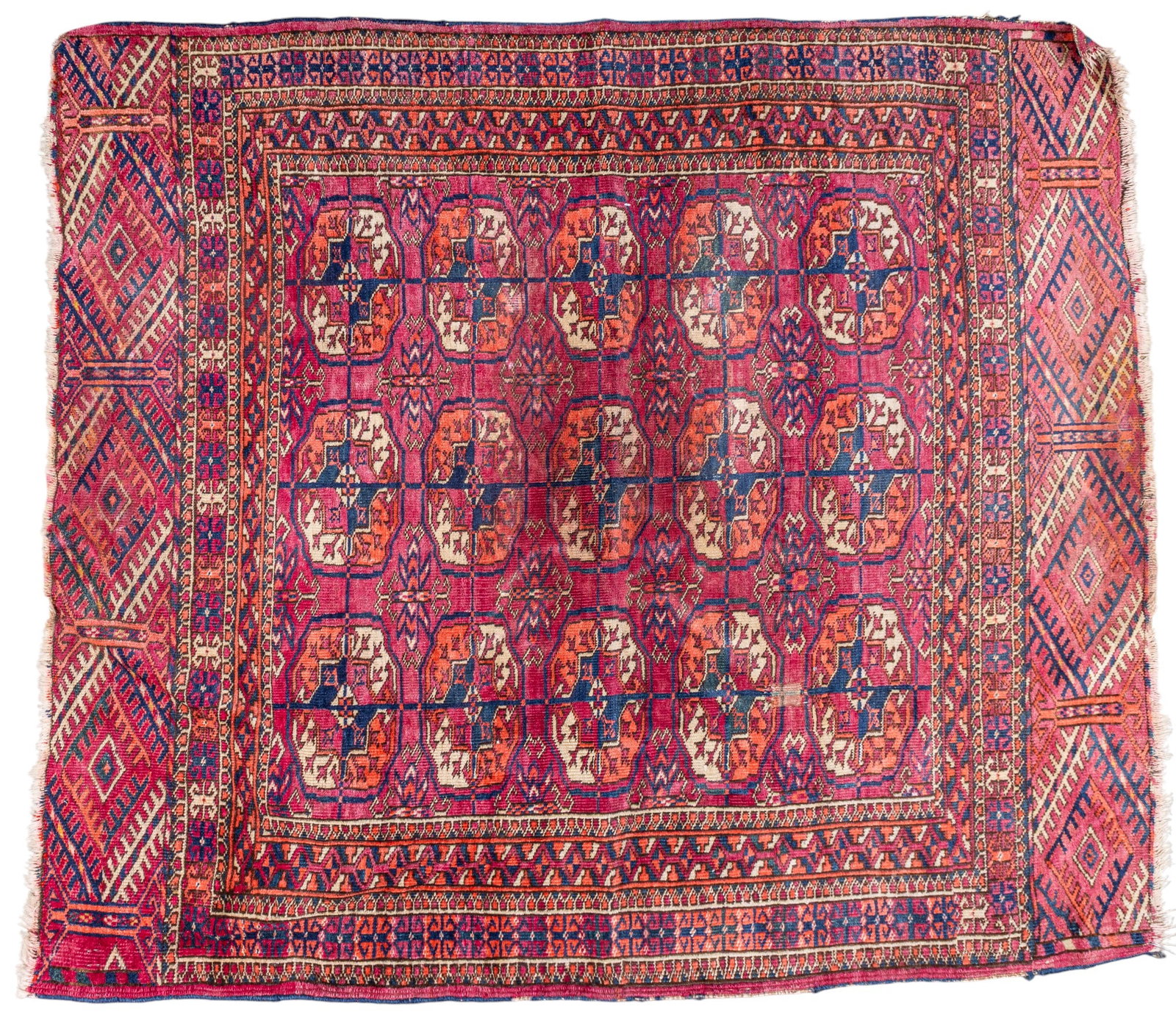 Persian Area Rug: Hand knotted Persian area rug with geometric motifs in tones of blue, orange, and beige. Measures approx. 48" x 42".