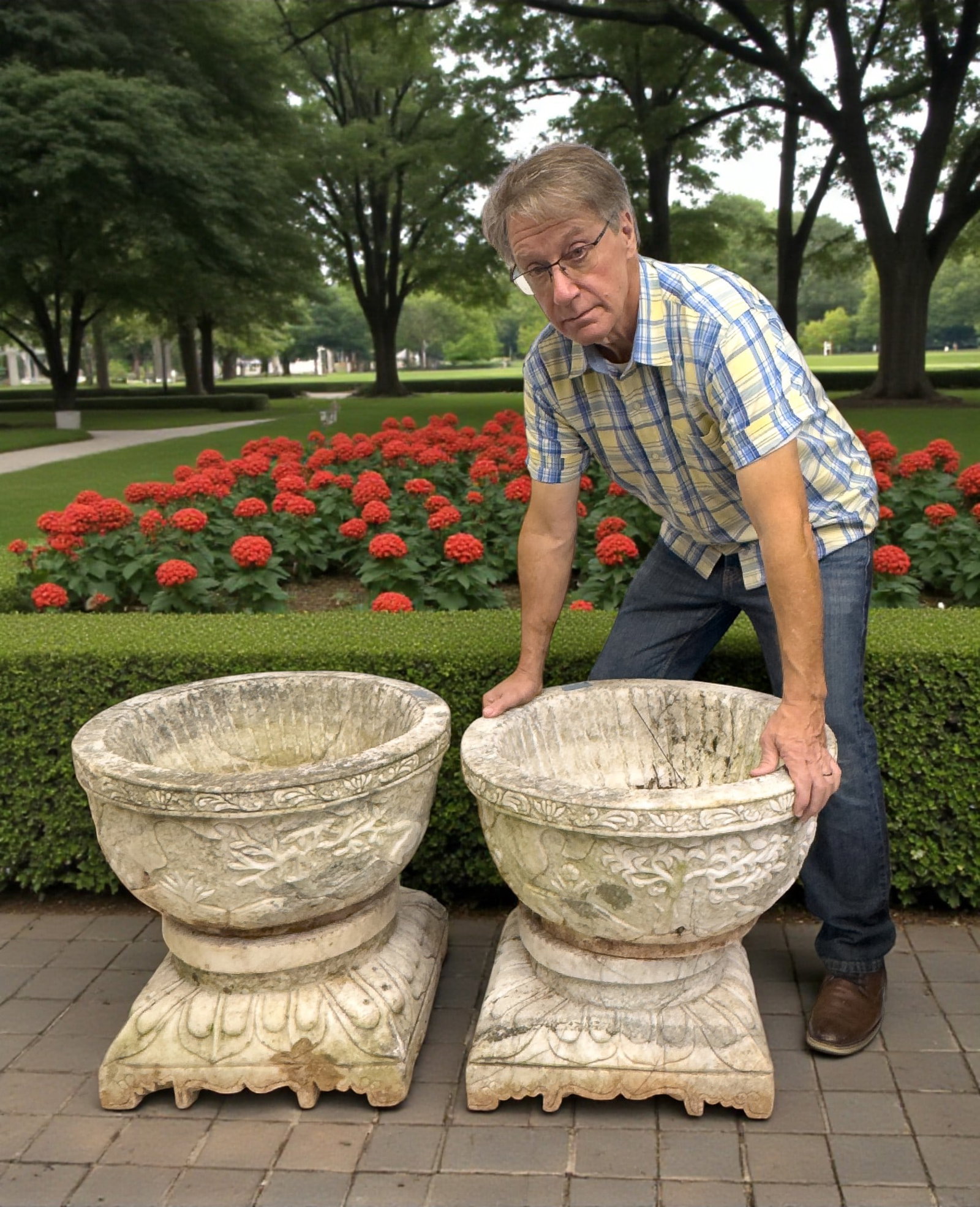 Rare Antique Carved Marble Garden Urns (Pair): Rare pair of antique (18th / 19th C) carved marble garden urns with bowl and base. The bowls are 23" dia OD, 19" dia ID, and 13" H. Bases are approx 7" H for a total height of approx 21". Carved stone