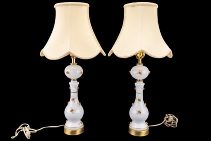 Vintage Milk Glass Lamp Pair with Applique