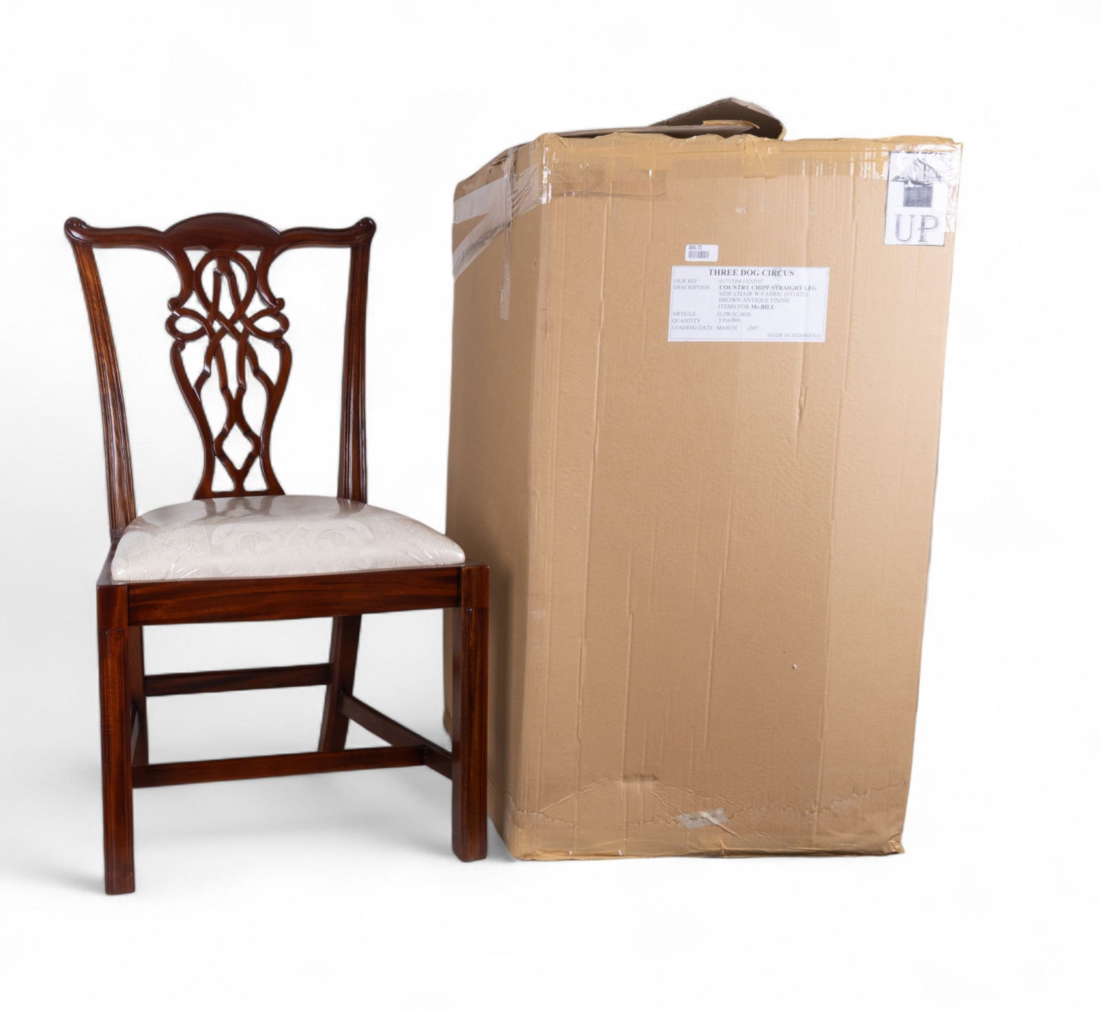 2nd Pair of Country Chippendale Chairs: A pair of Country Chippendale side chairs (only 1 displayed in photo). Chair measuring approx. 38.5" h x 22" w x 18.5" d. W/ high quality cream embossed seat. Box measuring approx. 41" h x 29" w x 23.