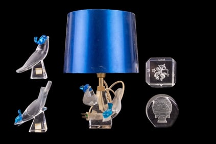 Lalique Crystal Lamp & Bird Set, Paperweights