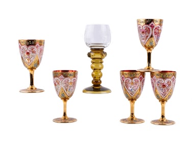 5 Moser Wine Glasses & Etched Goblet