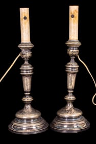 Antique Etched Silver Plate Candlestick Lamps