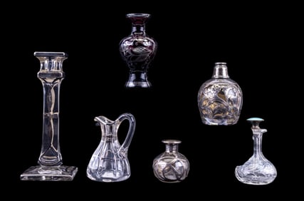 Silver Overlay & Guilloche Perfume & Candlesticks