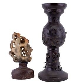 Chinese Bronze Figural Vase and Carved Soapstone