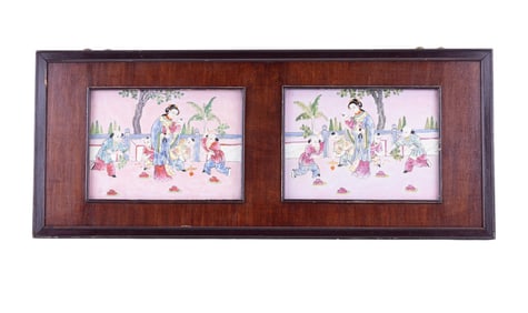 Asian Porcelain Figural Tiles in Wood Frame