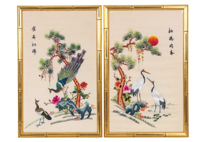 Chinese Silk Peacock and Crane Embroideries