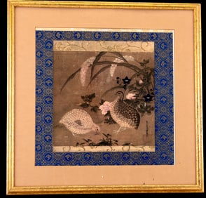 Asian Painting of 2 Birds w/ Silk Border