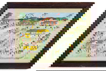 Framed Folk Art Watercolor "Amity Country Fair"