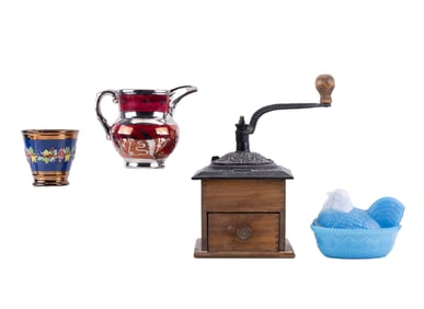 Coffee Grinder, Luster Vessel, Milk Glass Chicken