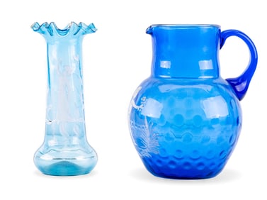 Mary Gregory Blown Glass Vase and Pitcher