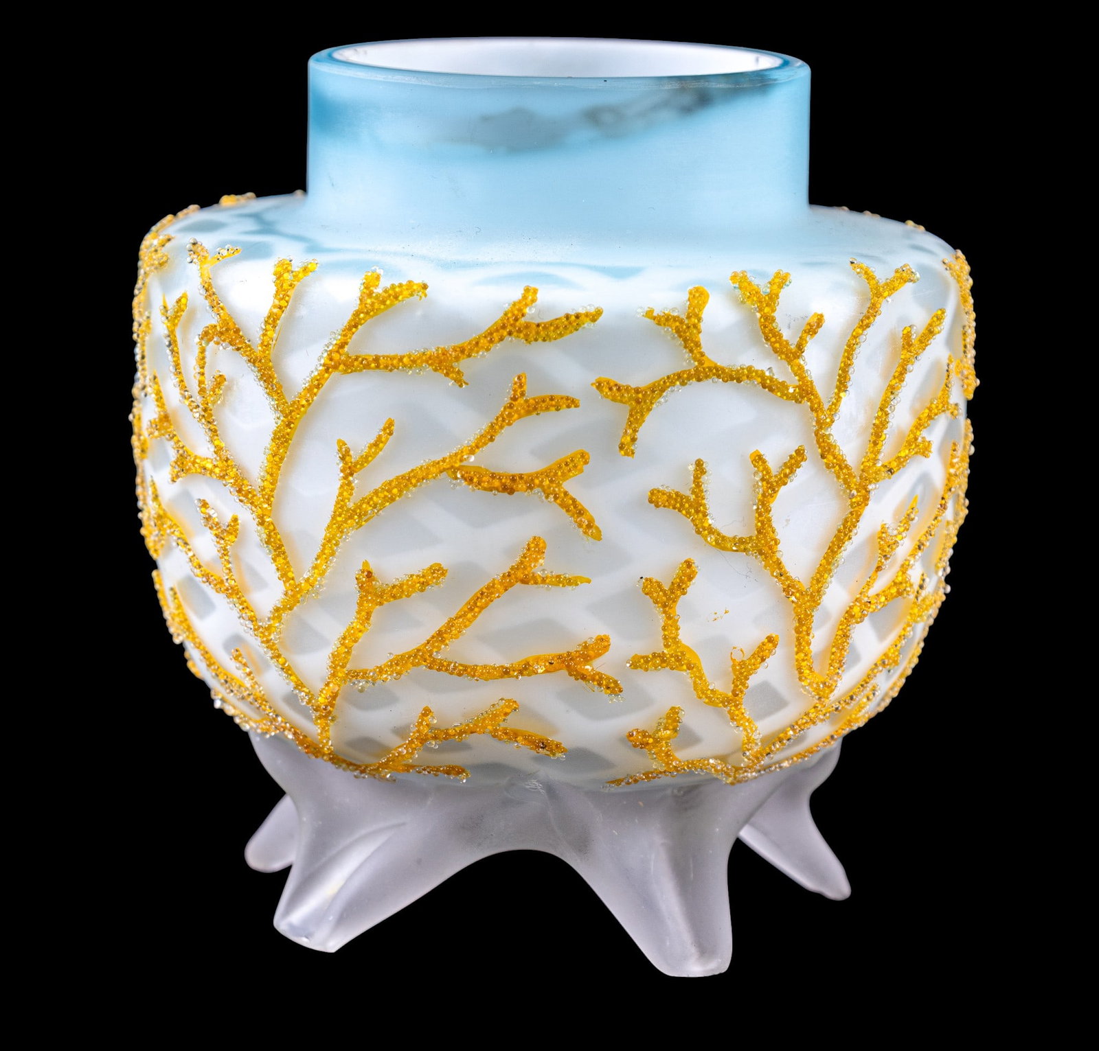 Thomas Webb Victorian Coralene Satin Glass Vase: A fine antique Thomas Webb Victorian coralene satin glass footed bud vase featuring a seaweed/branch design composed of micro glass bead overlay, measures approx. 4.5" H.