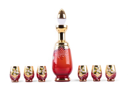 Murano Ruby Glass Cordial Decanter Set