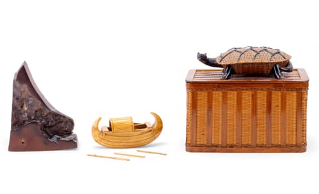 Early 20C Chinese Turtle Basket, Wood Boat