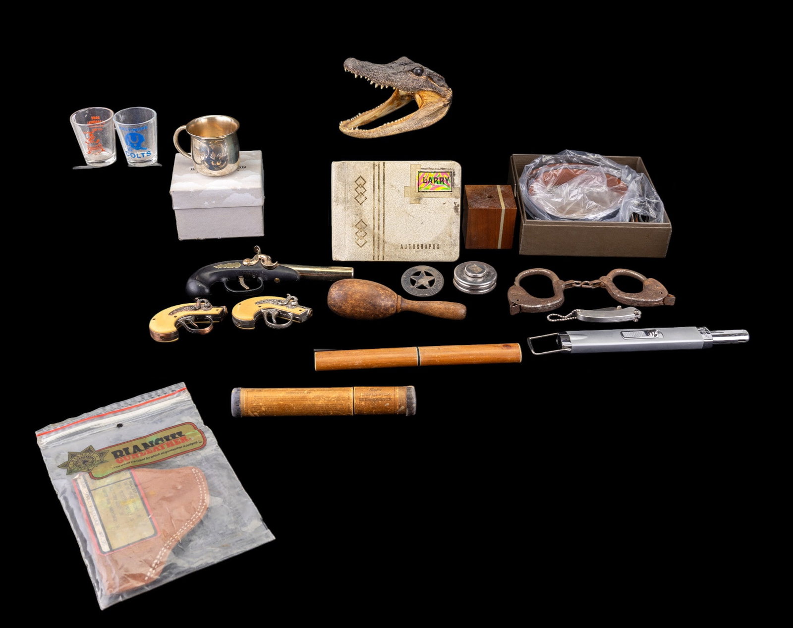 Mickie Mantle Autograph, Barware, 925 + Novelty: An antique Taylor Etched-Stem mercury thermometer in screw top steel tube and outer wood tube, 19th C iron children's toy handcuffs, vintage brass toy cap gun, 3 vintage Derringer style cigarette ligh