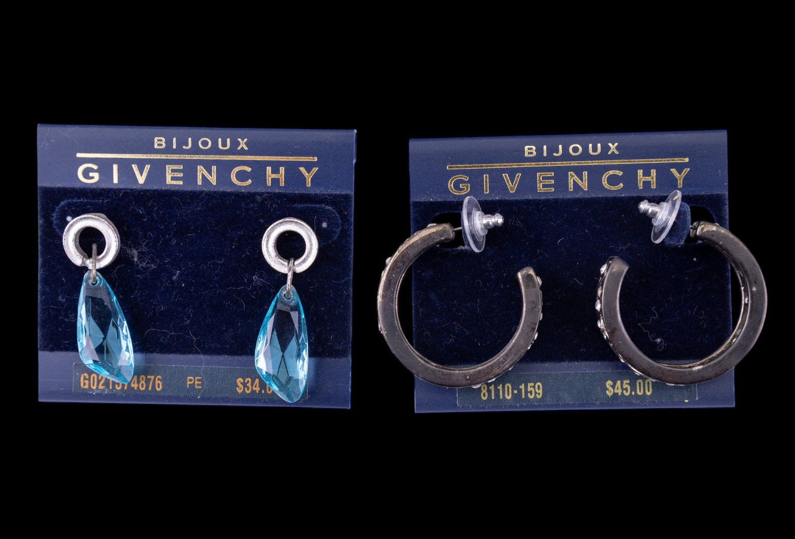 Bijoux Givenchy Designer Earrings (2): Bijoux Givenchy designer earrings including rhinestone large hoops and faceted blue stone earrings.