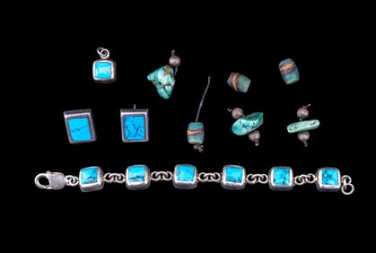 Mexico Sterling Jewelry Set and Loose Turquoise