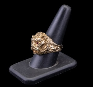 14k Gold Lion Ring, Gemstone Eyes