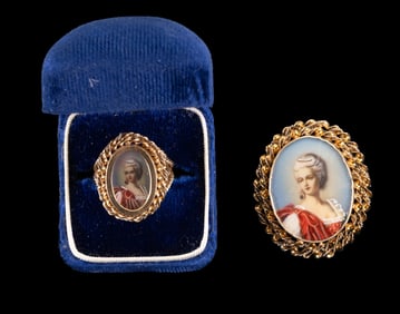 14K Gold Painted Porcelain Brooch, Ring Set